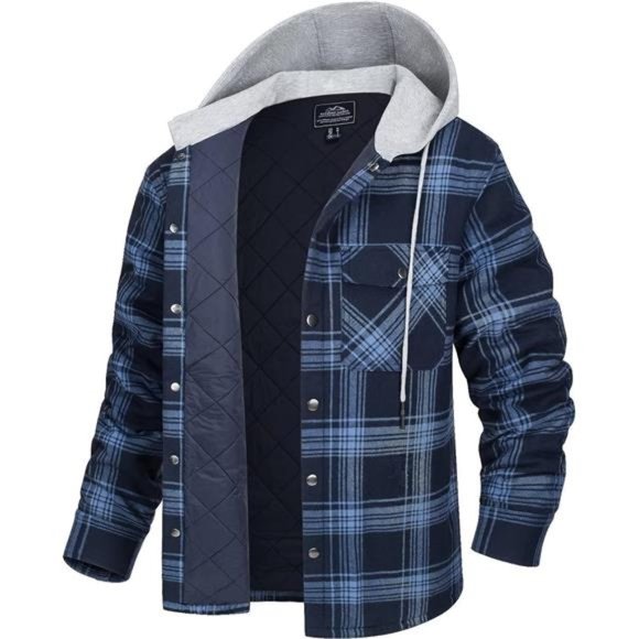 Men's Flannel Shirt Jacket with Hood Quilted Long Sleeve Plaid Hooded Jacket